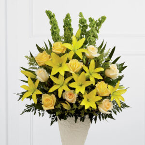 Yellow Lily and Rose Service Arrangement